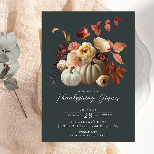 Elegant Fall Floral  Pumpkins Thanksgiving Invitation