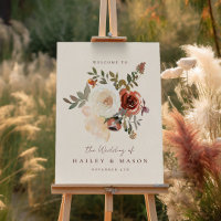 Elegant Fall Floral Red Wedding Welcome Sign