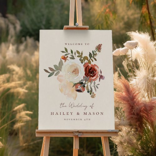 Elegant Fall Floral Red Wedding Welcome Sign