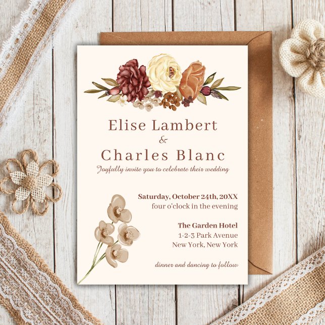 Elegant Fall Floral Simple Wedding Invitation (Fall Boho Modern Wedding - burnt orange terracotta colors.)