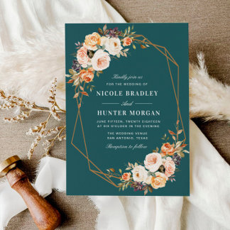 elegant fall floral teal geometric wedding invitation