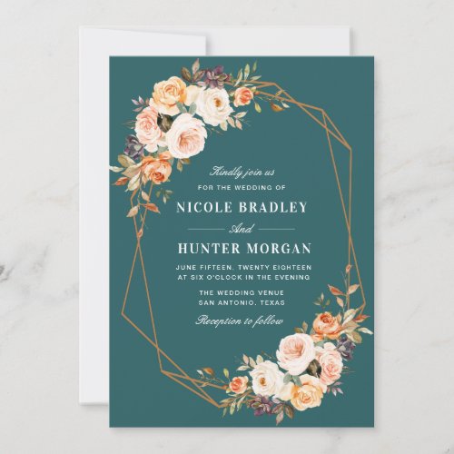 elegant fall floral teal geometric wedding invitation