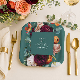 Elegant Fall Floral Teal Milestone Birthday Party Paper Plates