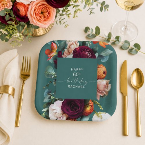 Elegant Fall Floral Teal Milestone Birthday Party Paper Plates