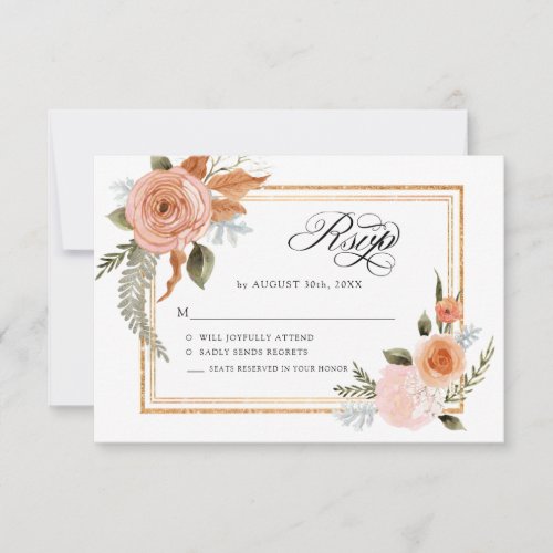 Elegant Fall Floral Terracotta Blush Flowers Gold RSVP Card