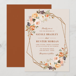 elegant fall floral terracotta geometric wedding invitation