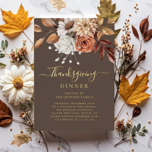 Elegant Fall Floral Thanksgiving Dinner Gold Foil Invitation