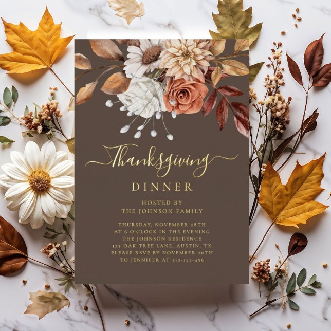 Elegant Fall Floral Thanksgiving Dinner Gold Foil Invitation (Elegant Fall Floral Thanksgiving Dinner Gold Foil Invitation)