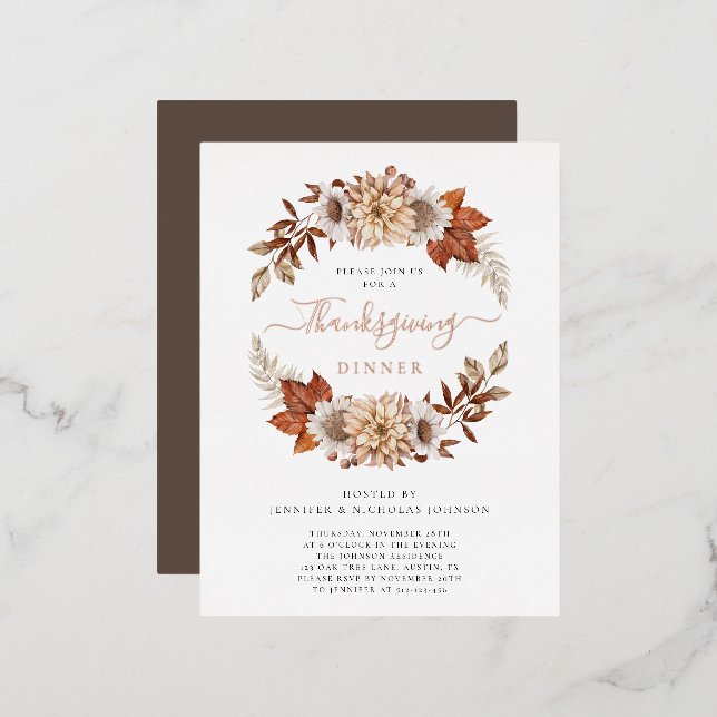 Elegant Fall Floral Thanksgiving Dinner Gold Foil Invitation Postcard (Front/Back)
