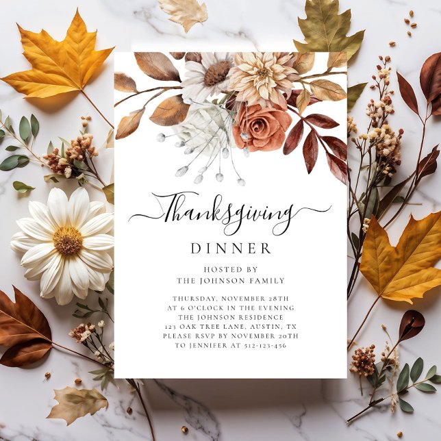 Elegant Fall Floral Thanksgiving Dinner  Invitation (Elegant Fall Floral Thanksgiving Dinner Invitation)