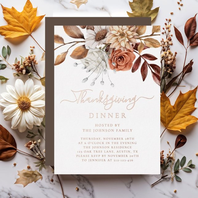 Elegant Fall Floral Thanksgiving Dinner Rose Gold Foil Invitation (Elegant Fall Floral Thanksgiving Dinner Rose Gold Foil Invitation)