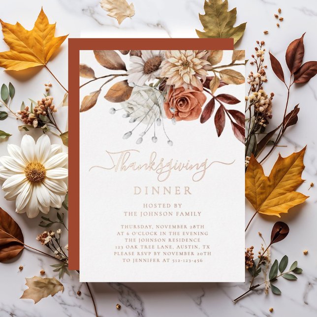 Elegant Fall Floral Thanksgiving Dinner Rose Gold Foil Invitation (Elegant Fall Floral Thanksgiving Dinner Rose Gold Foil Invitation)