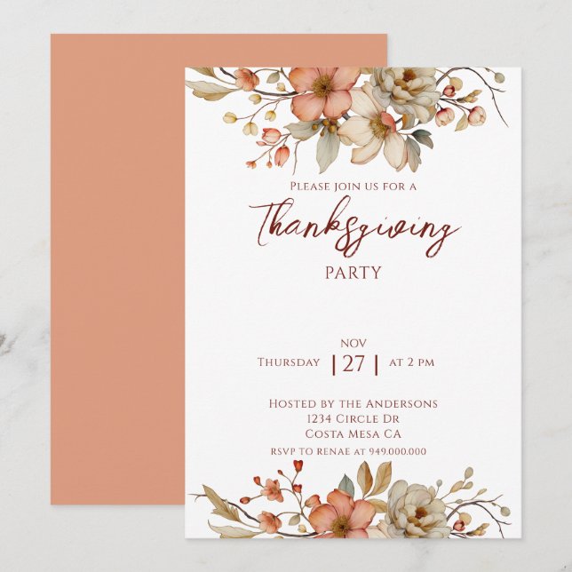 Elegant Fall Floral Thanksgiving Party  Invitation (Front/Back)