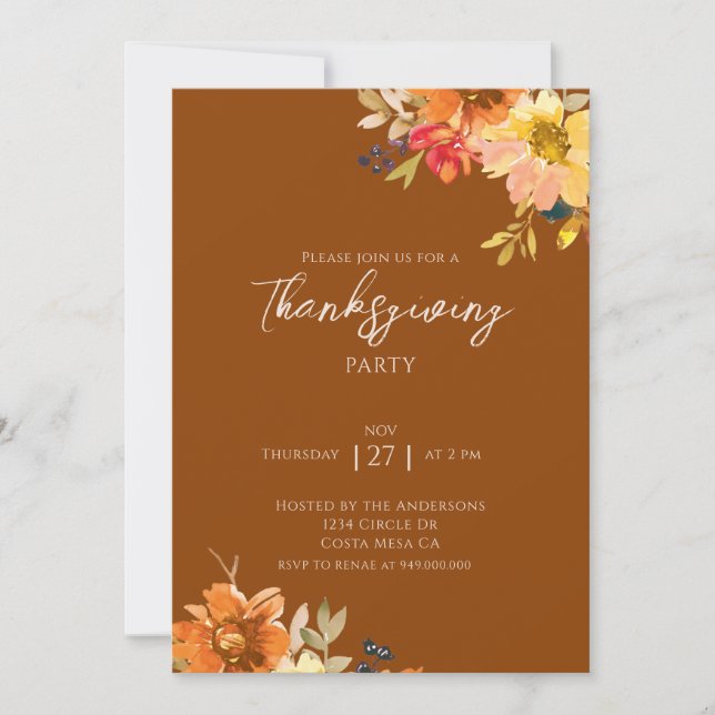 Elegant Fall Floral Thanksgiving Party  Invitation (Front)