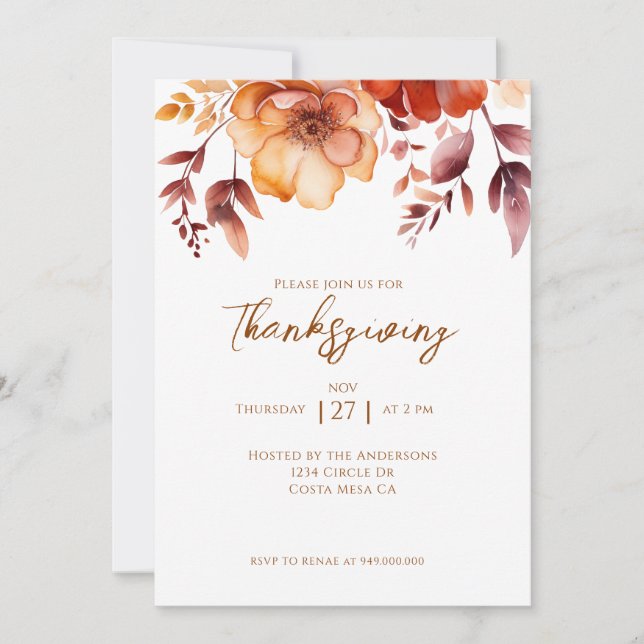 Elegant Fall Floral Thanksgiving Party  Invitation (Front)