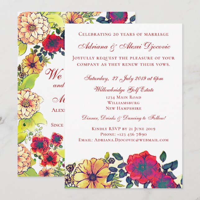 Elegant Fall Floral Watercolor Vow Renewal Wedding Invitation (Front/Back)