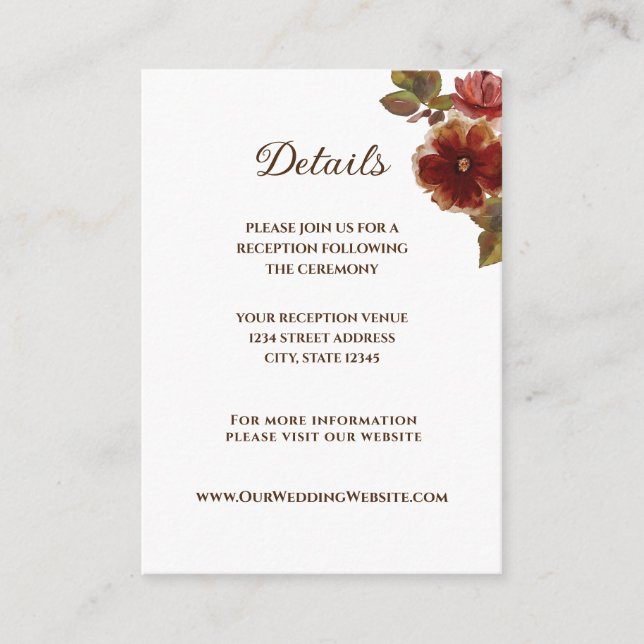 Elegant Fall Floral Watercolor Wedding Enclosure Card (Front)