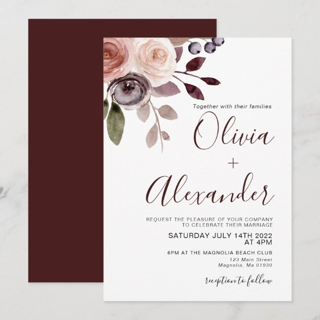 Elegant Fall Floral Watercolor Wedding Invitation (Front/Back)