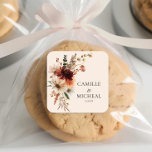 Elegant Fall Floral Wedding Square Sticker<br><div class="desc">This beautiful fall floral sticker adds a touch of autumn elegance to your wedding. Featuring rich burgundy tones with delicate flowers, this square sticker is perfect for sealing invitations, favor bags, or adding a personal touch to your decor. Ideal for a bohemian wedding, it’s a versatile and stylish addition to...</div>