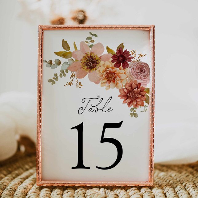 Elegant Fall Floral Wedding Table Number Sign (Fall Autumn Floral Rustic Wedding Table Number Card)