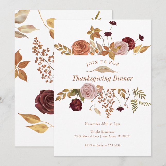 Elegant Fall Floral Woodland Thanksgiving Invitation (Front/Back)