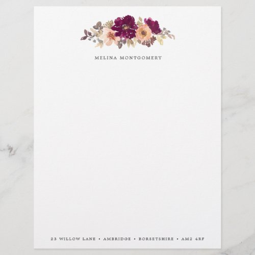 Elegant Fall Flowers Burgundy Personalized Letterhead