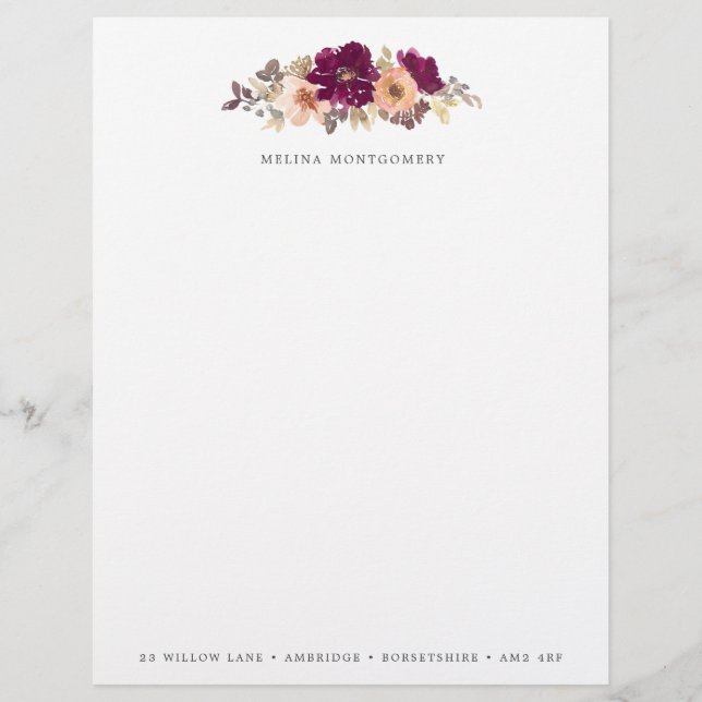 Elegant Fall Flowers Burgundy Personalized Letterhead (Front)