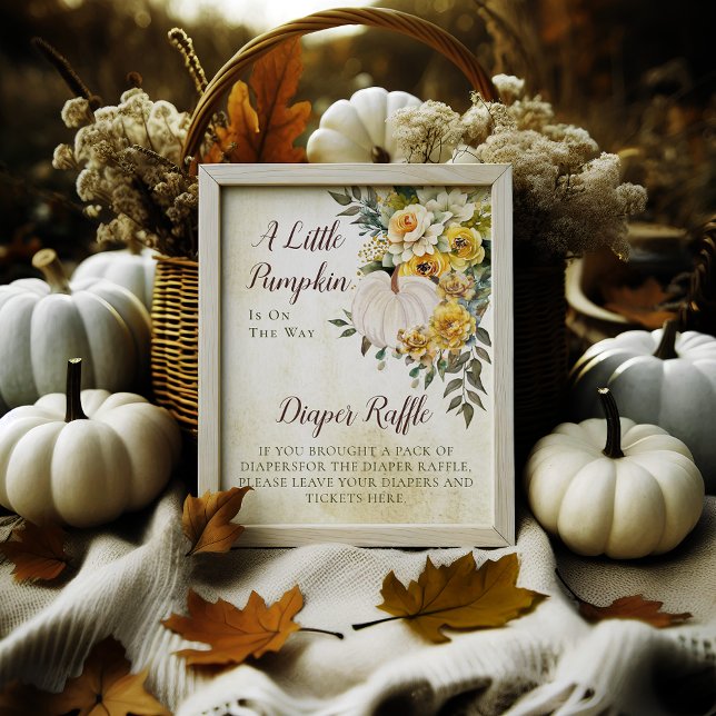 Elegant Fall Gold Floral | Pumpkin Diaper Raffle Poster ("A Little Pumpkin Is On The Way" White Pumpkin and Gold Floral Baby Shower Diaper Raffle Poster Sign)