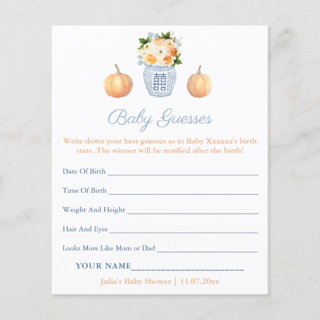 Elegant Fall Guess Baby Birth Stats Shower Game (Front)