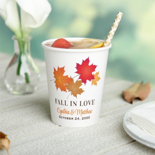 Elegant Fall in Love Autumn Leaves Wedding Paper Cups