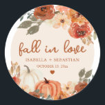 Elegant Fall in Love Boho Pumpkin Wedding Classic Round Sticker<br><div class="desc">Elegant Fall in Love Boho Pumpkin Wedding Classic Round Sticker Seal your wedding stationery or favors with the perfect touch of fall elegance! 🍁✨ This Elegant Fall in Love Boho Pumpkin Wedding Classic Round Sticker features soft watercolor pumpkins, rustic autumn foliage, botanical greenery, and romantic calligraphy for a cozy yet...</div>