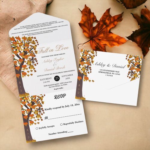 Elegant Fall in Love Carved Tree Autumn Wedding All In One Invitation