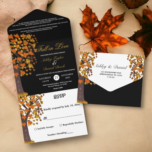 Elegant Fall in Love Carved Tree Black Wedding All In One Invitation