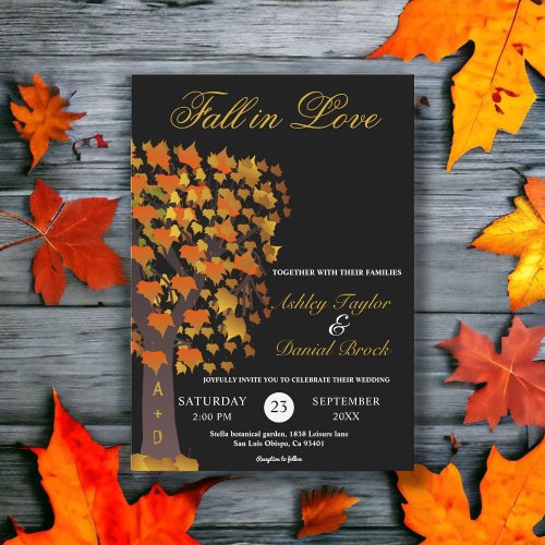 Elegant Fall in Love Carved Tree Black Wedding Invitation