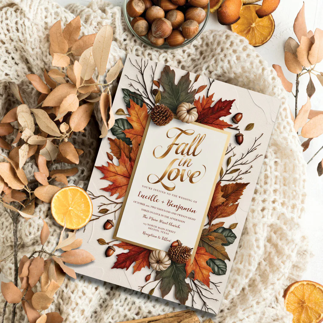 Elegant Fall in Love Golden Autumn Wedding Invitation
