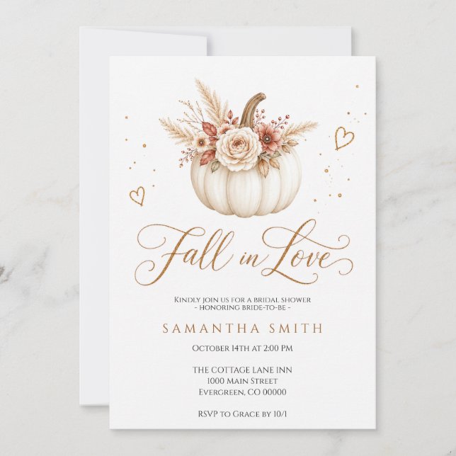 Elegant Fall in Love Pumpkin Floral Bridal Shower Invitation (Front)