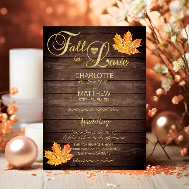 Elegant FALL in LOVE Rustic Wood Wedding Invitation | Zazzle