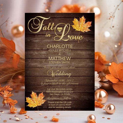 Elegant FALL in LOVE Rustic Wood Wedding QR Code Invitation