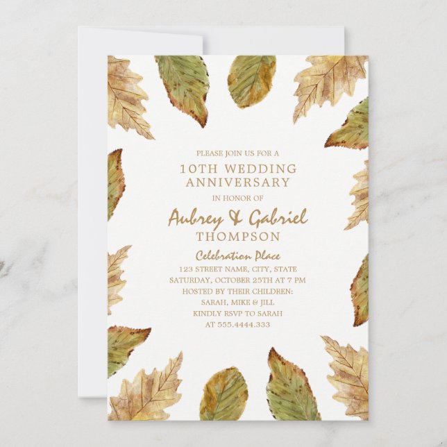 Elegant Fall Leaves 10th Wedding Anniversary Invitation (Front)