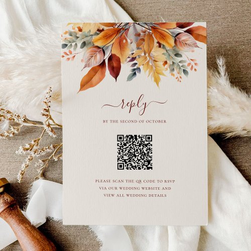 Elegant Fall Leaves Autumn QR Code Wedding RSVP Card