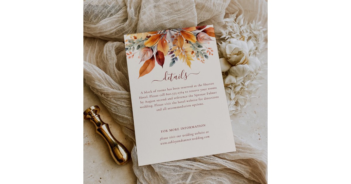 Elegant Fall Leaves Autumn Wedding Details Enclosure Card | Zazzle