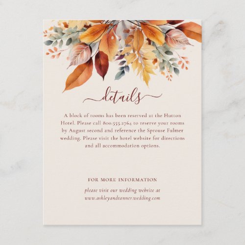 Elegant Fall Leaves Autumn Wedding Details Enclosure Card