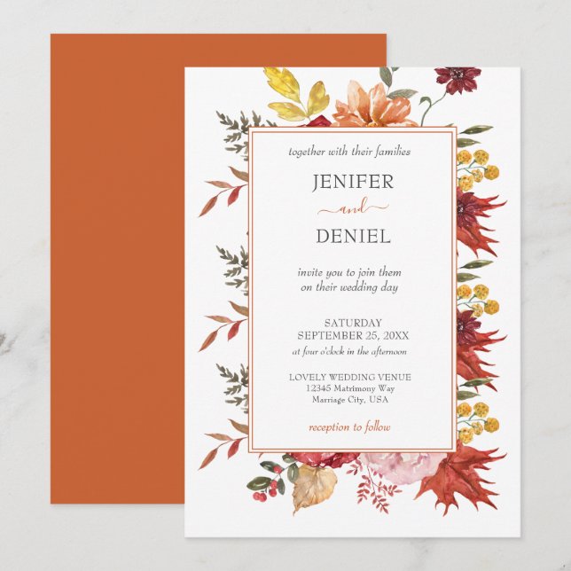 Elegant Fall Leaves Autumn Wedding  Invitation (Front/Back)