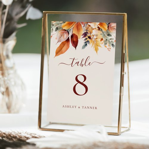 Elegant Fall Leaves Autumn Wedding Table Number