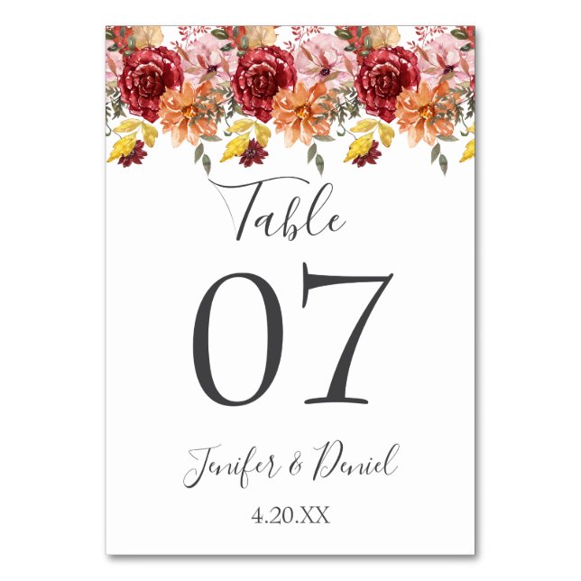 Elegant Fall Leaves Autumn Wedding  Table Number (Front)