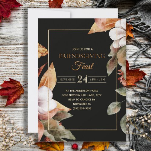 Elegant Fall Leaves Black Friendsgiving Feast  Invitation