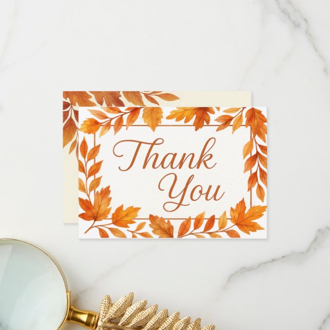 Elegant Fall Leaves & Copper Script Rustic Wedding Thank You Card (Front/Back In Situ)