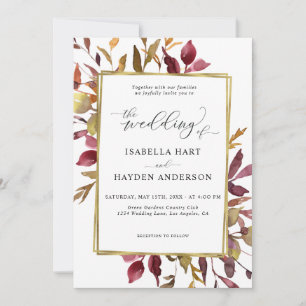 Elegant Fall Leaves Greenery Gold Foil Wedding Invitation