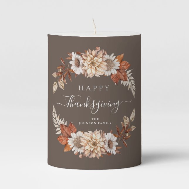 Elegant Fall Leaves Happy Thanksgiving Pillar Candle (Front)