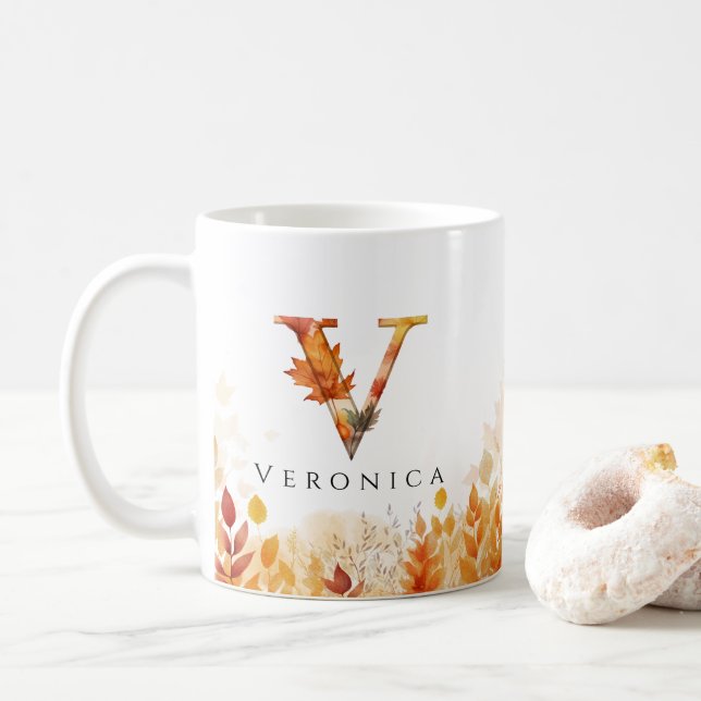 Elegant Fall Leaves Letter V Monogram Initial Coffee Mug (With Donut)